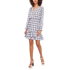 NWT $129 Vince Camuto Plaid LS Smocked Waist Ruffle Tiered Dress Black White